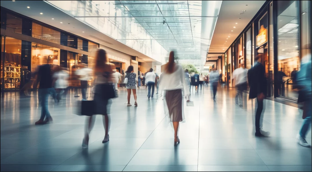 Blurred motion of shoppers in a modern, well-lit shopping mall
