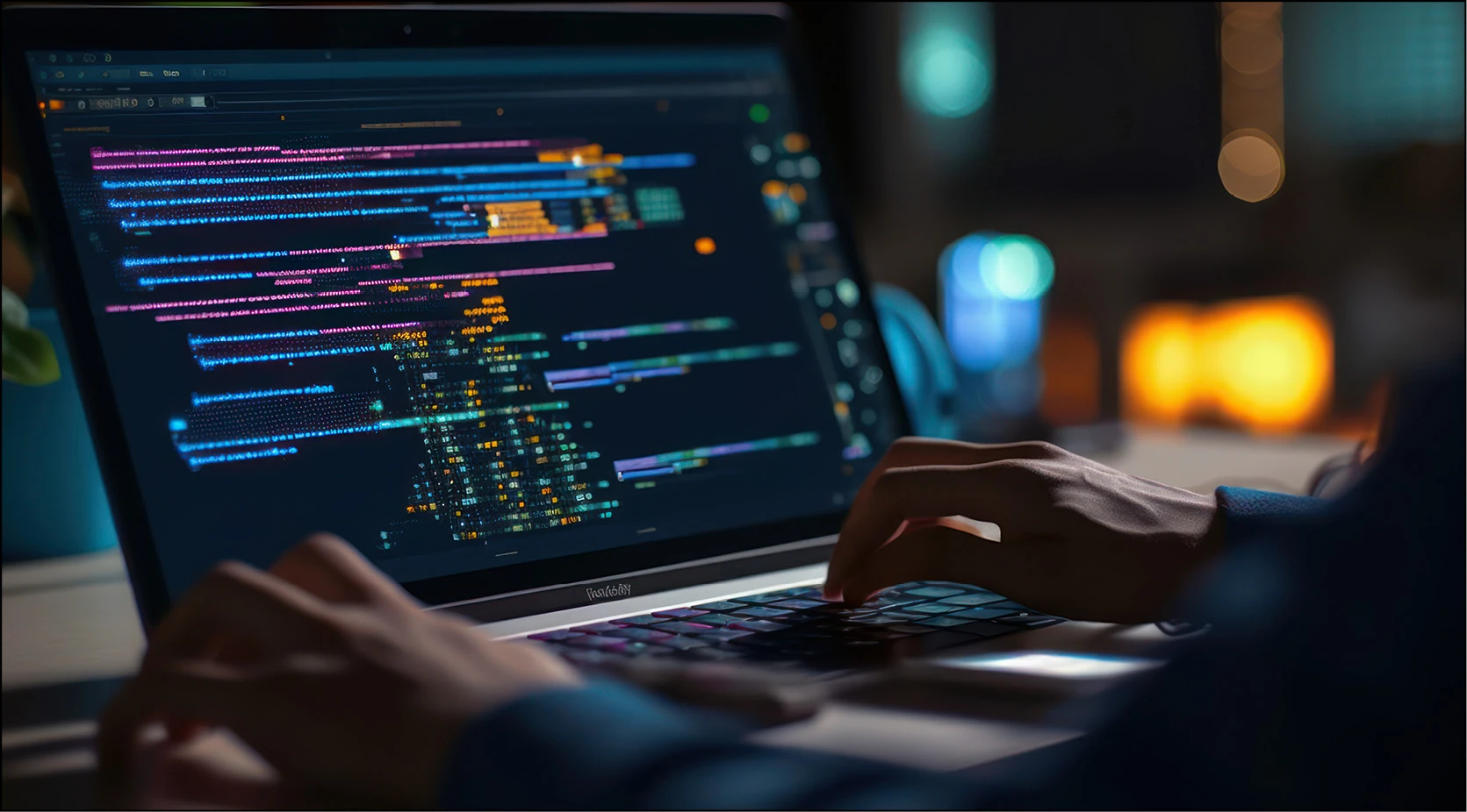Hands typing code on a laptop displaying complex data, relevant to AI quality and compliance.