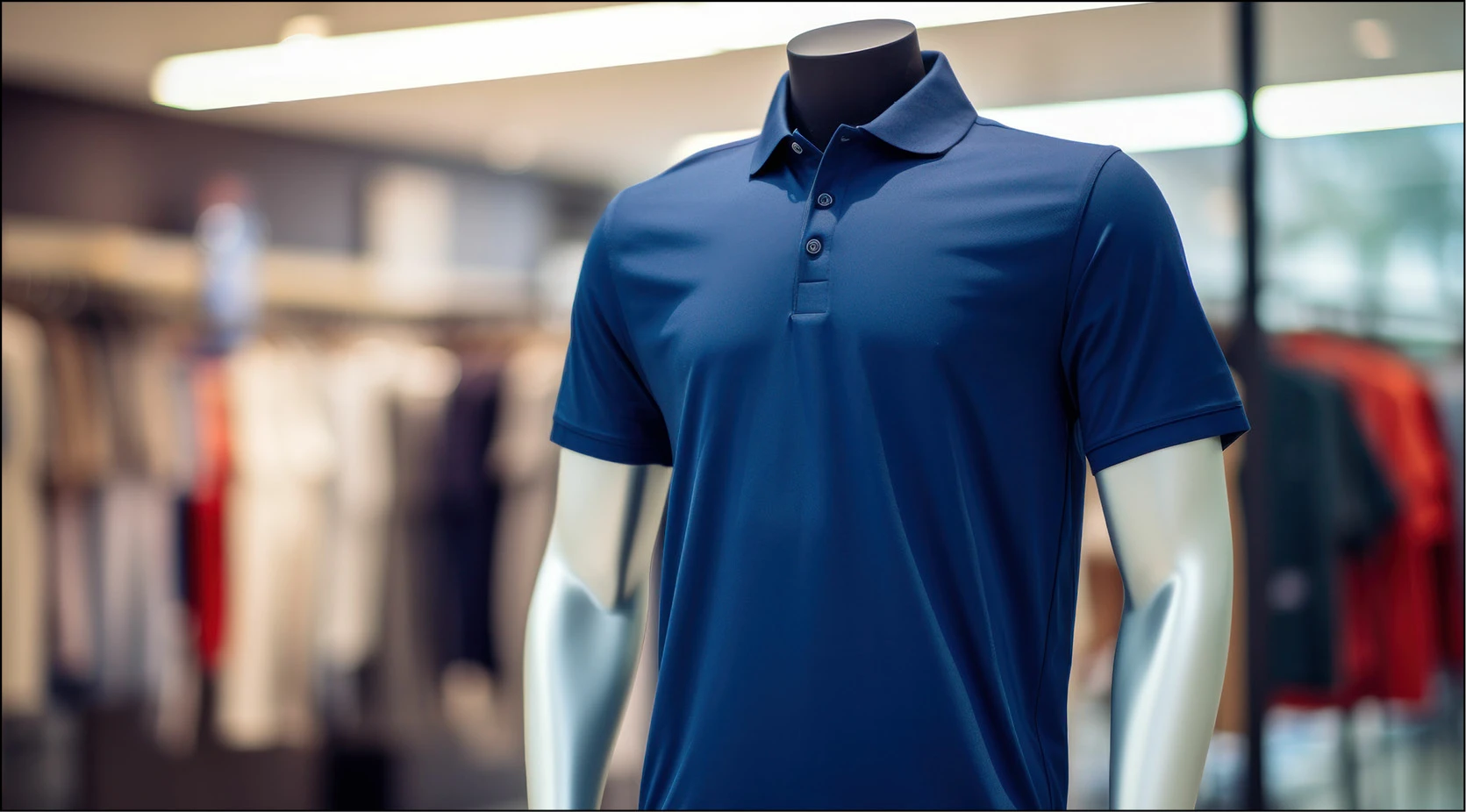 Dark blue polo shirt on a mannequin in a retail store
