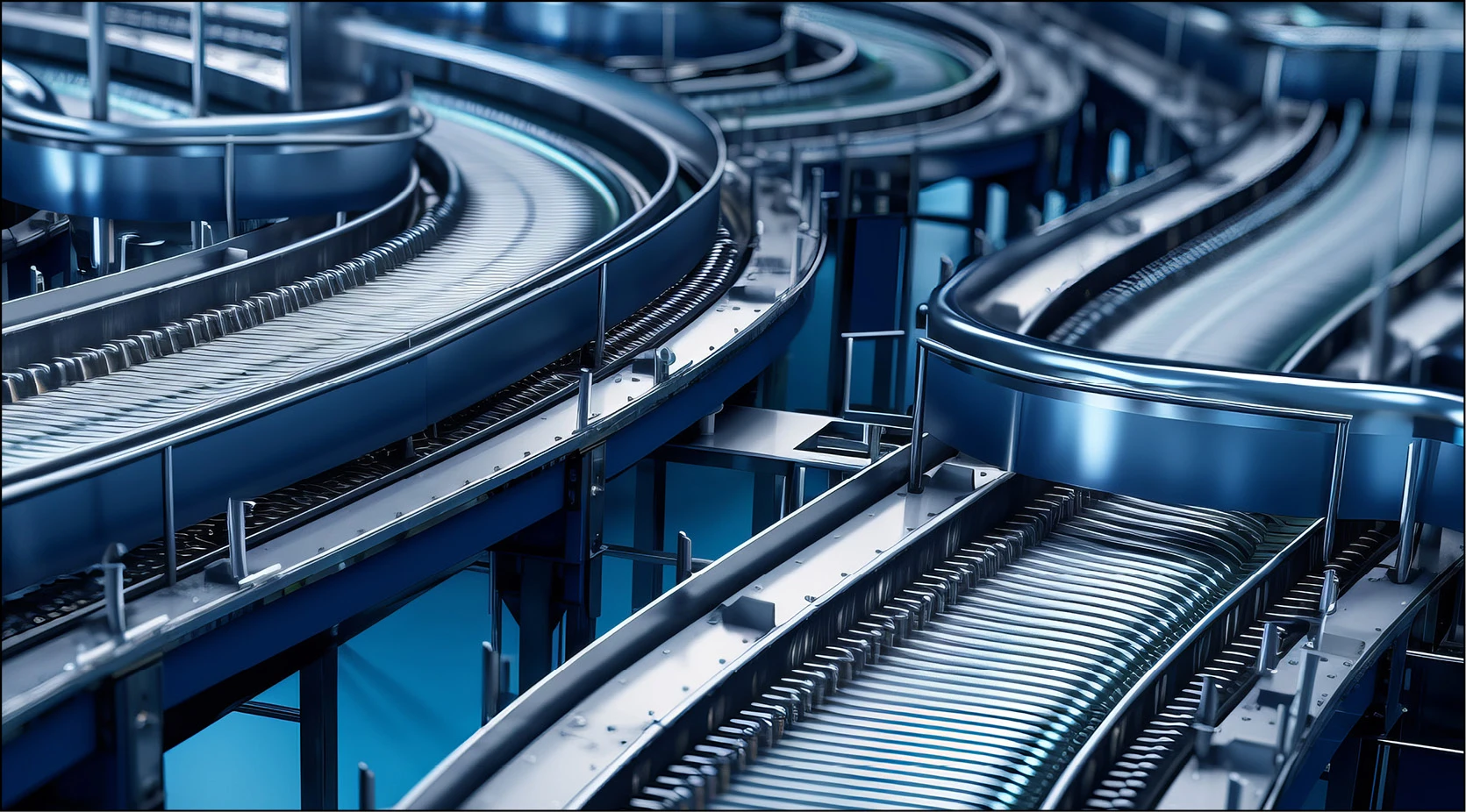 Automated conveyor belt system in a factory, illustrating production flow
