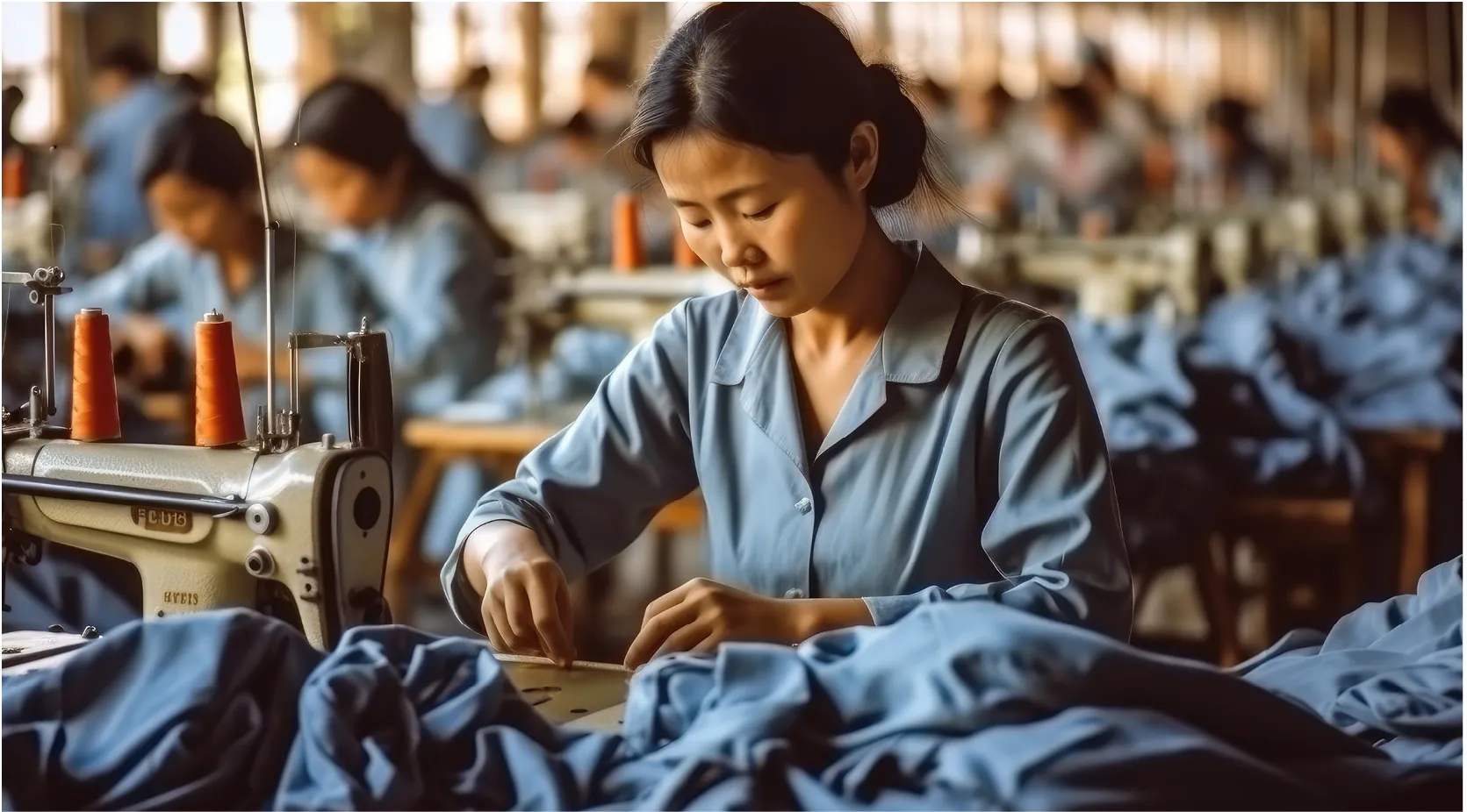 Uyghur woman sewing in a factory, highlighting forced labor concerns.