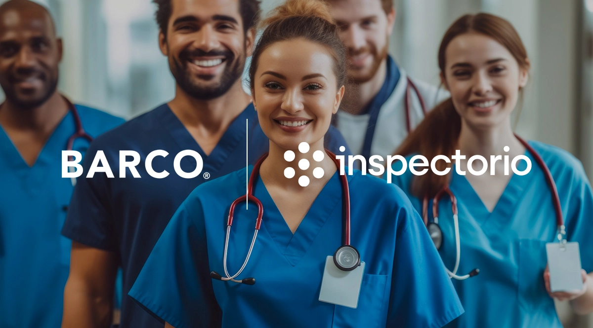 Barco inspectorio logo over diverse healthcare professionals in scrubs