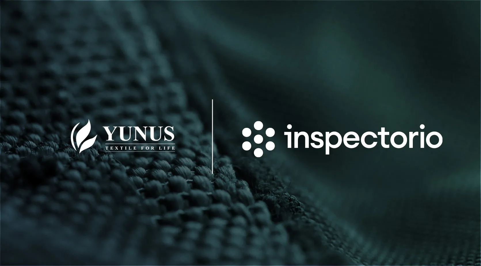 Yunus Textile Mills and Inspectorio logos side-by-side on a textured fabric background.