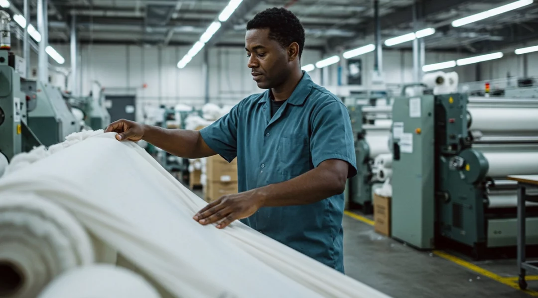 Man inspecting sustainable fabric rolls in a textile factory