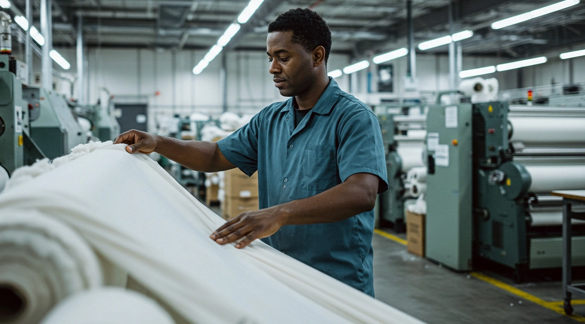 Man inspecting sustainable fabric rolls in a textile factory