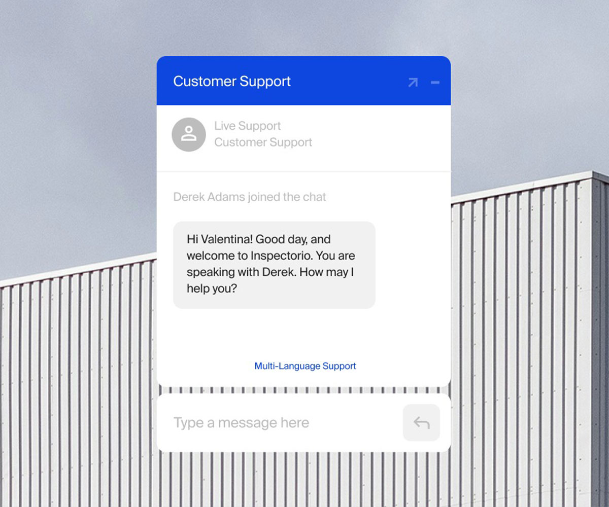 Customer support chat window with Inspectorio logo, showing a live chat conversation