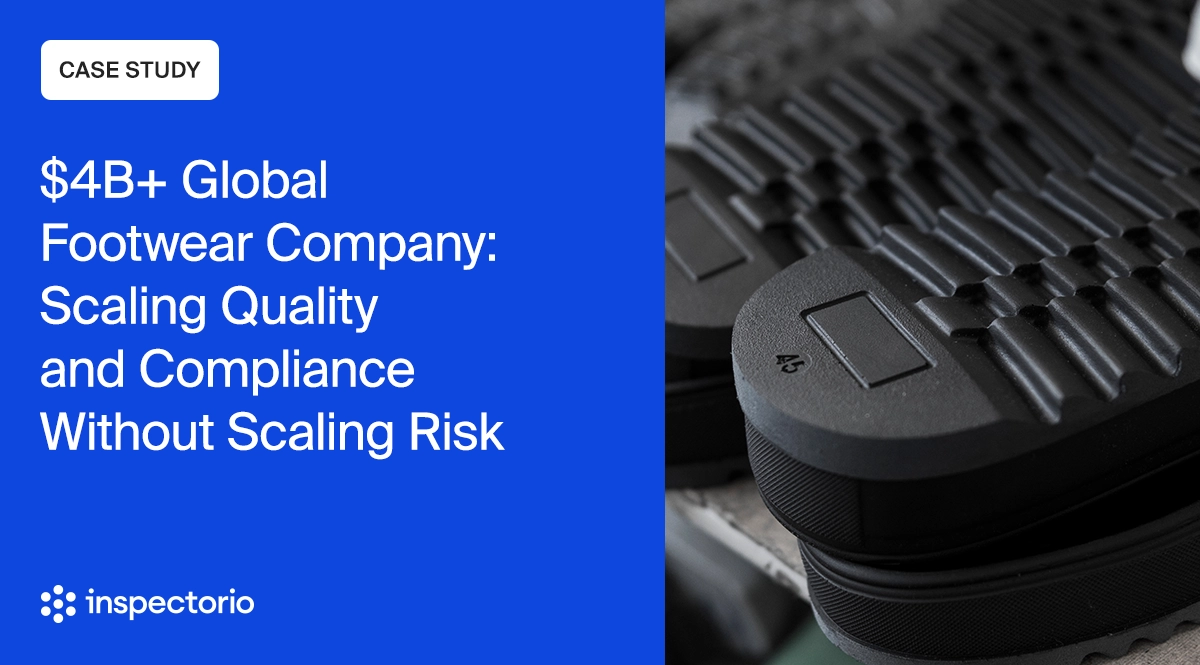 Inspectorio case study banner for a $4B+ global footwear company, with a close-up of a rubber shoe sole.
