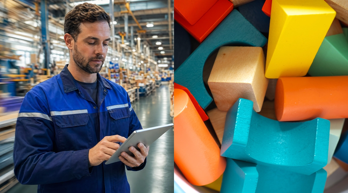 A factory worker in a blue uniform reviews a tablet in a warehouse, alongside a close-up of colorful wooden toy blocks.