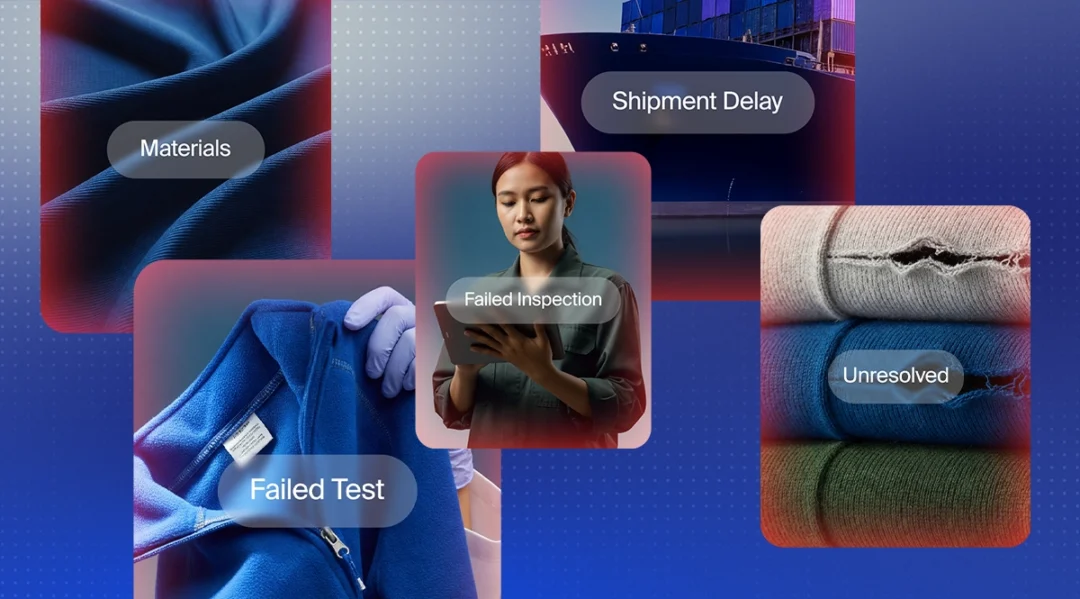 Illustration of product integrity failure points — Materials, Failed Test, Failed Inspection, Shipment Delay, and Unresolved — shown as labeled photo cards on a blue background