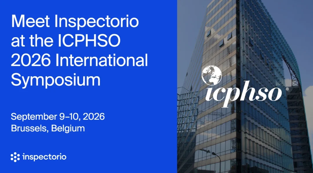Inspectorio event banner for the ICPHSO 2026 International Symposium, September 9–10 in Brussels, Belgium, with a glass office building in the background.
