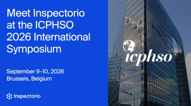 Inspectorio event banner for the ICPHSO 2026 International Symposium, September 9–10 in Brussels, Belgium, with a glass office building in the background.