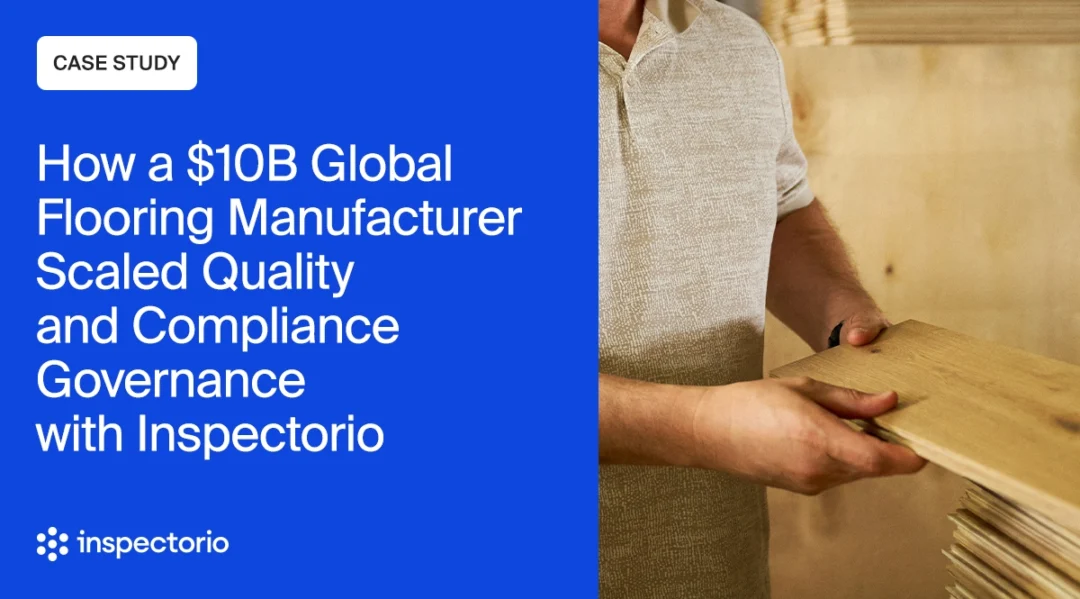 Inspectorio case study banner for a $10B global flooring manufacturer, with a worker handling wooden floor panels.
