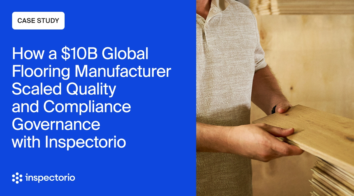 Inspectorio case study banner for a $10B global flooring manufacturer, with a worker handling wooden floor panels.