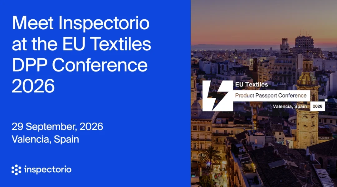 Inspectorio event banner for the EU Textiles Digital Product Passport Conference, September 29, 2026, in Valencia, Spain, with an aerial cityscape at dusk.