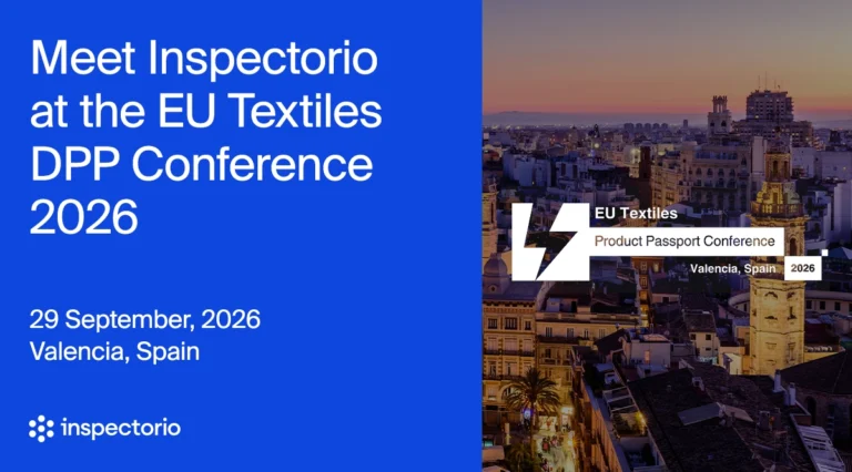 Inspectorio event banner for the EU Textiles Digital Product Passport Conference, September 29, 2026, in Valencia, Spain, with an aerial cityscape at dusk.