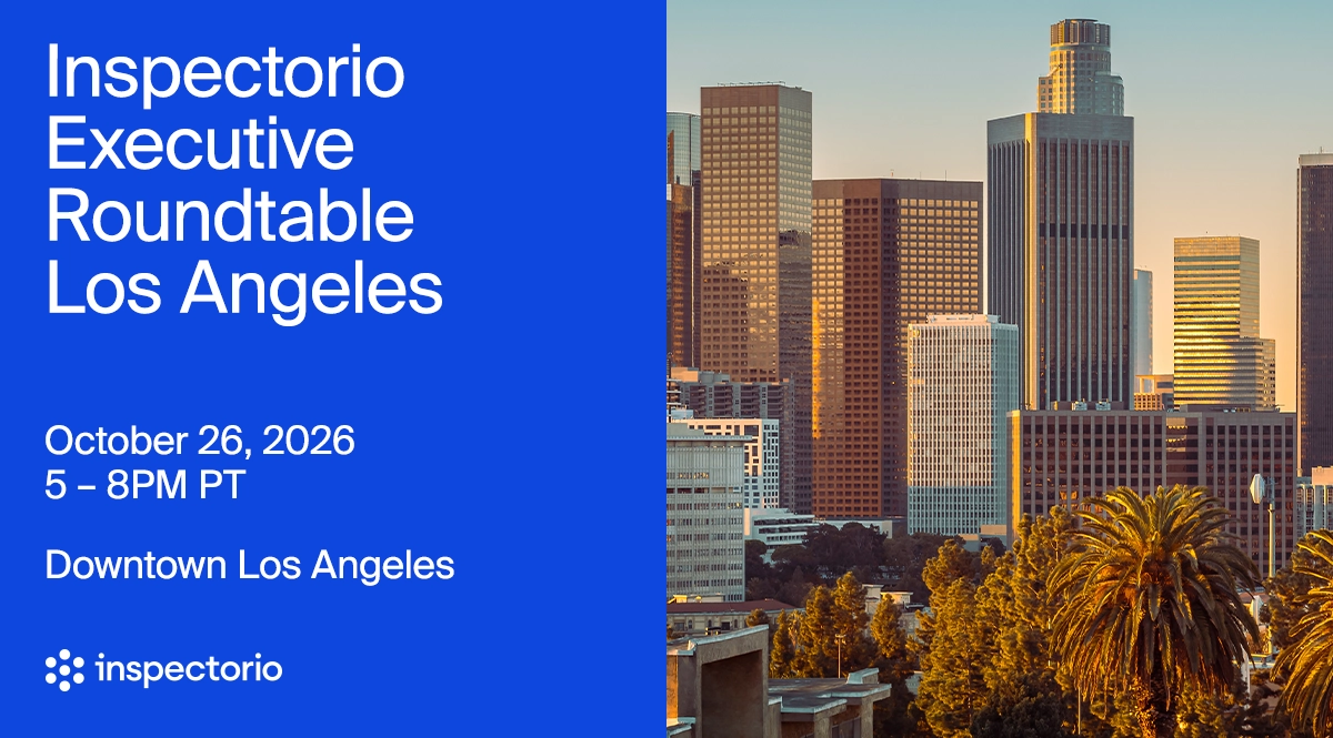 Inspectorio Executive Roundtable event banner for Downtown Los Angeles, October 26, 2026, with a golden-hour skyline photo