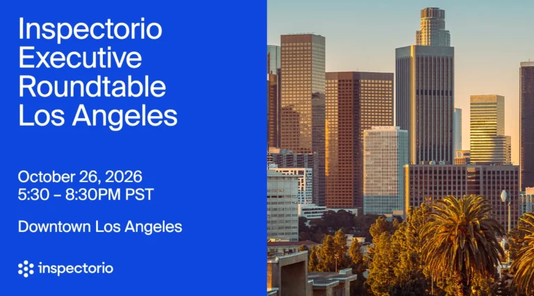 Inspectorio Executive Roundtable event banner for Downtown Los Angeles, October 26, 2026, with a golden-hour skyline photo