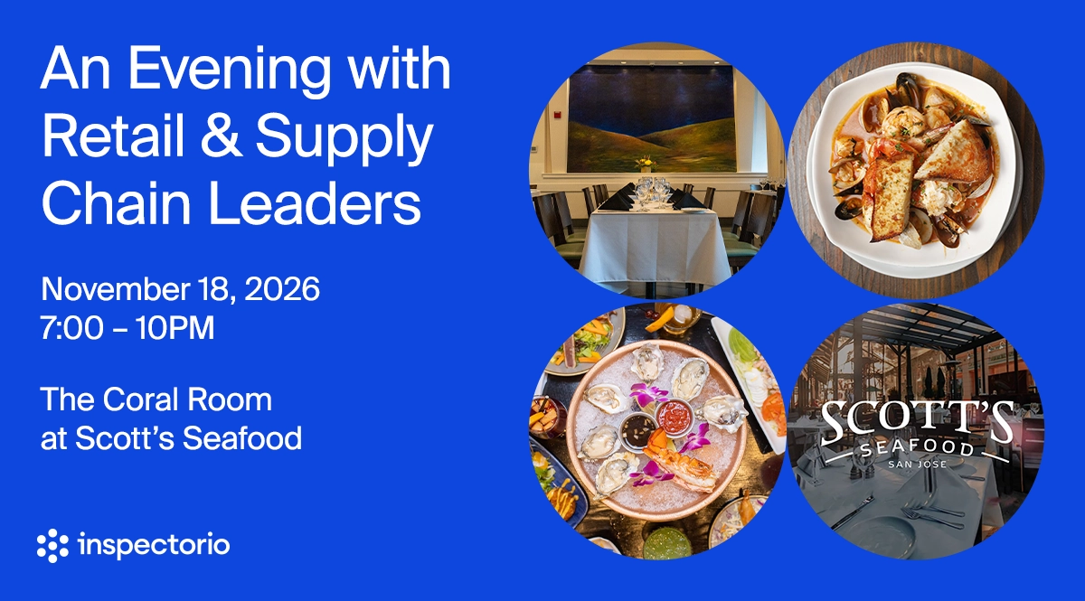 Inspectorio event banner for an evening with Retail Supply Chain Leaders at Scott's Seafood, San Jose, November 18, 2026, with photos of the venue and seafood dishes